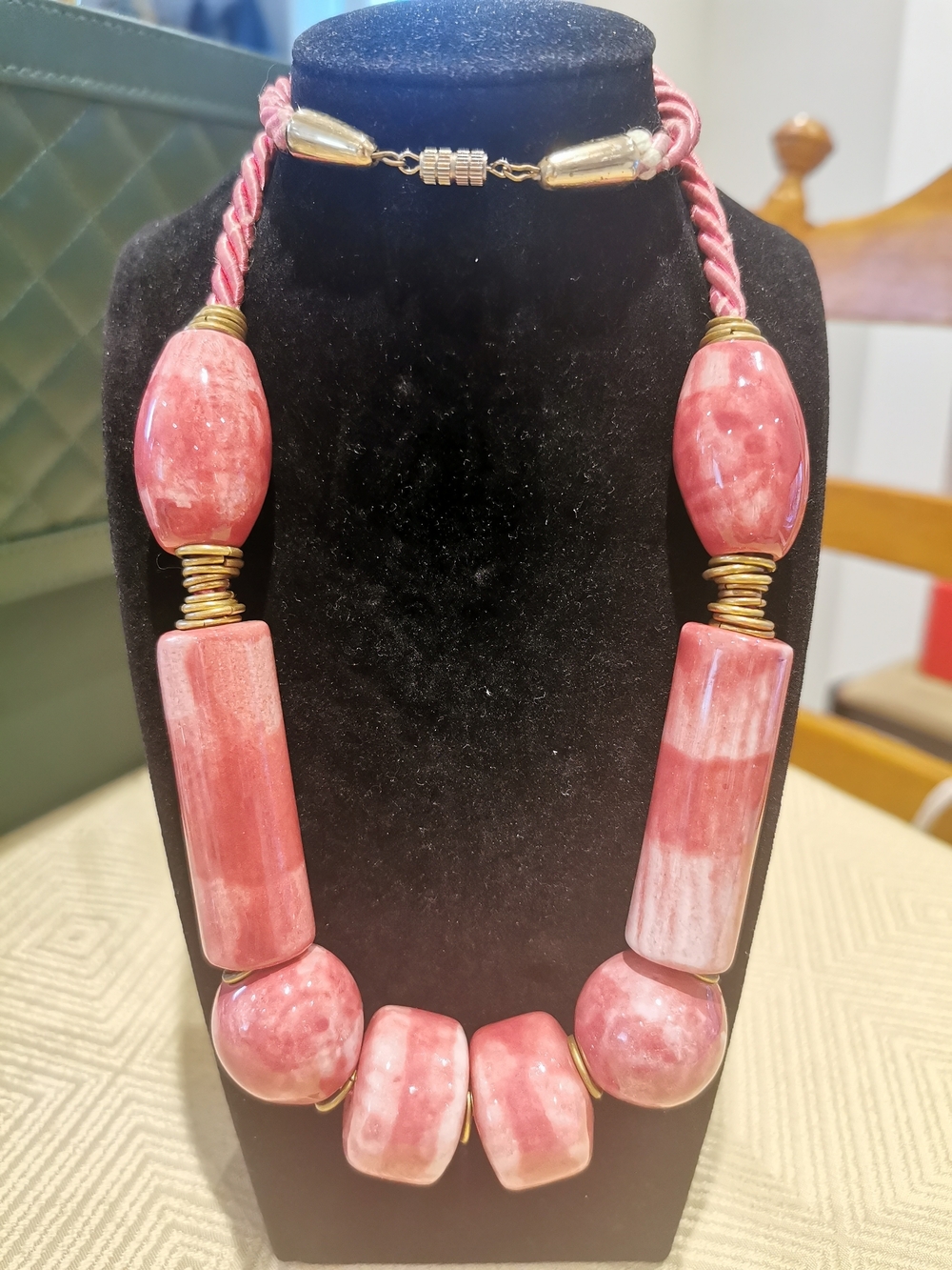 Vintage Marbled Pink and White Statement Bead Necklace